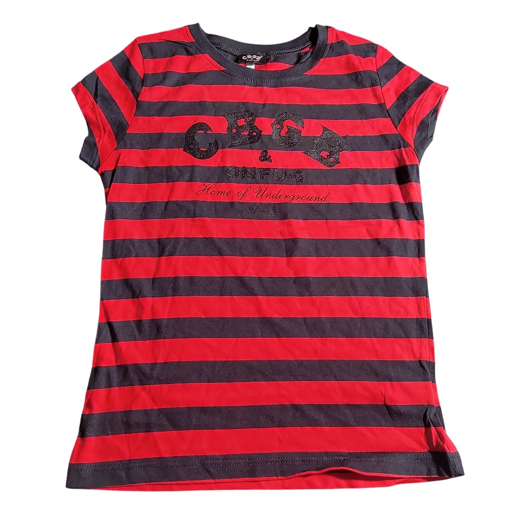 CBGB OMFUG Red Black Striped Graphic T-Shirt Home of Underground Rock Small